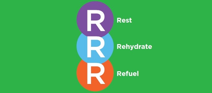 'Rest, rehydrate, refuel' logo on a green background
