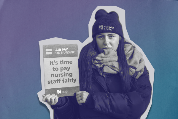 An RCN member with a sign that says it's time to pay nursing staff fairly 
