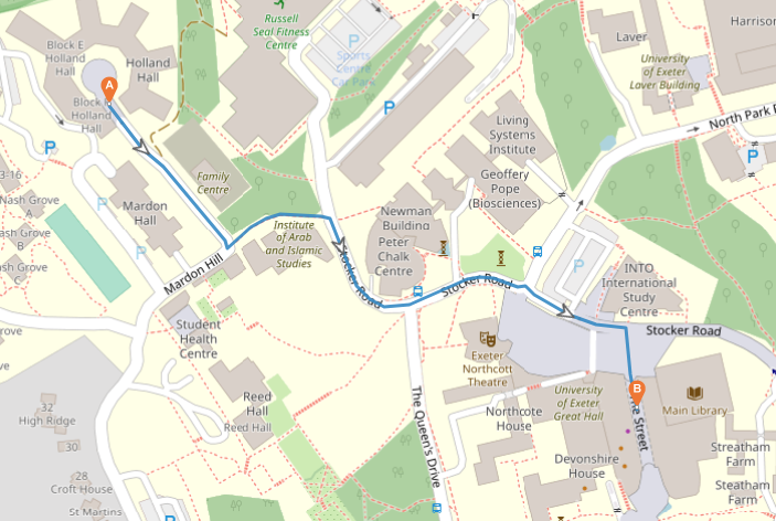 Map of the walking route from the halls of residence to the conference venue