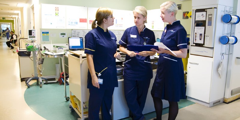 Three senior nursing staff in a clinical setting