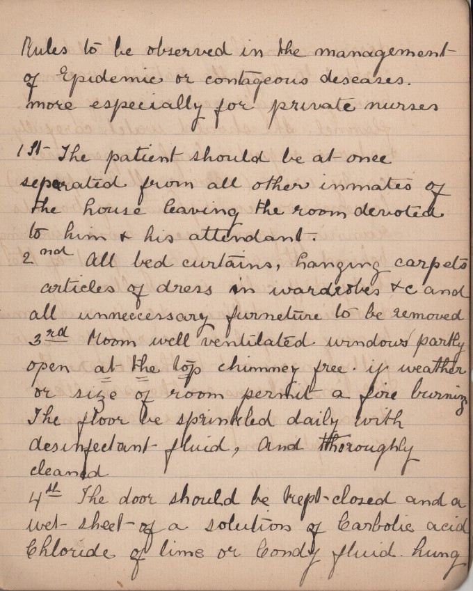 Extract from nurse student Eliza Jane Lillington's notes on infection control in 1887