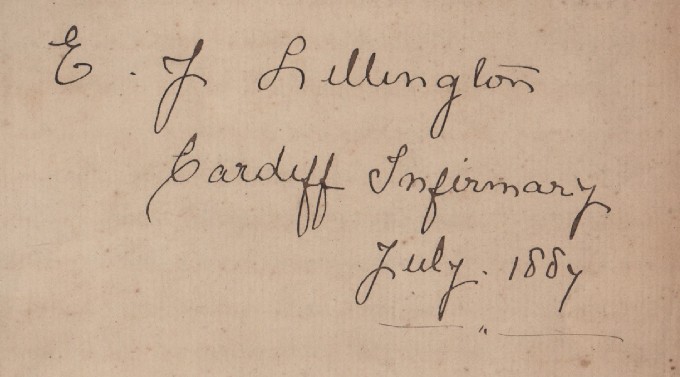 Extract from nurse student Eliza Jane Lillington's notes on infection control in 1887. It reads: 'E J Lillington, Cardiff Infirmary, July 1887'