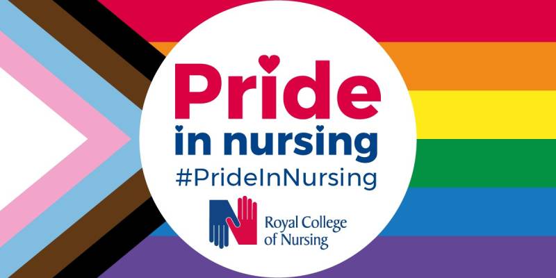 Pride in Nursing in red letters with a heart over the 'i' written in a white circle with the hashtag #PrideInNursing in navy blue above the RCN logo - all in a rectangle containing the Pride rainbow on the right and the transgender baby blue and pink and the anti-racist brown and black colours in an arrow on the left of the rectangle